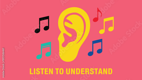 A yellow ear is surrounded by colorful musical notes on a pink background.