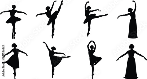 Ballet dancer silhouettes, elegant poses, classical movement, dance art, black figures, flexibility, grace, pirouette, arabesque, tutu, long dress, isolated background