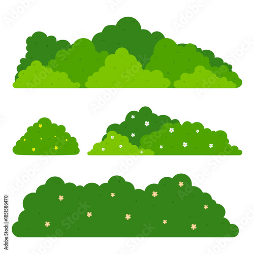 Cartoon Green Bushes and Shrubs Illustration Set. Cute Cartoon Nature Bushes and Shrubs with Flowers Collection