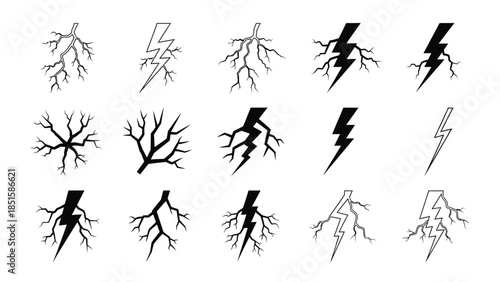 A collection of lightning bolt and branched electrical discharge symbols.