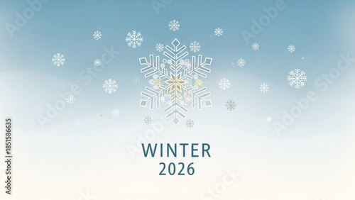 Winter 2026 seasonal greeting card with snowflakes on blue background