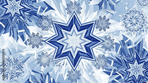 Intricate blue and white snowflakes with star shapes and frosty patterns on a wintry background