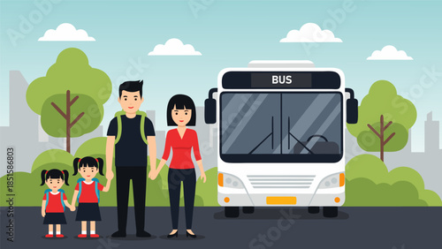 Parents and twin daughters by a public bus in a city. Happy family ready for school or urban journey, showcasing convenient and safe public transport