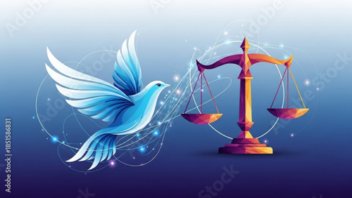 Blue dove flying next to scales of justice with sparkles and gradient background