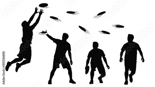 Silhouettes of people playing ultimate frisbee on a white background.
