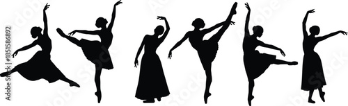 Ballet dancer silhouettes, elegant poses, classical movement, dance art, black figures, flexibility, grace, arabesque 