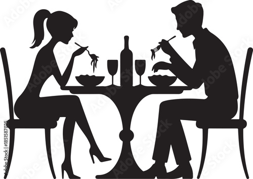 Romantic Italian dinner silhouette with wine creates intimate moment, perfect for Valentine's Day card design or restaurant promotion