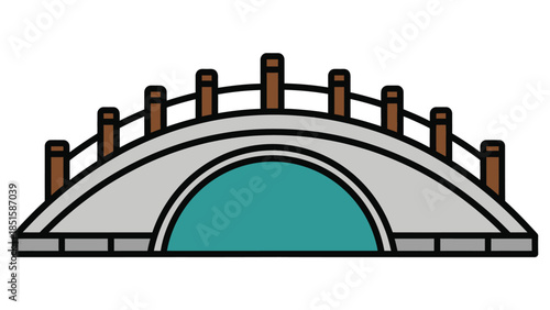 An arched bridge spans over a turquoise body of water with wooden posts.