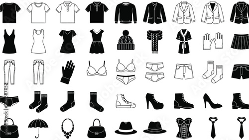 A collection of black and white clothing and accessory icons are displayed.