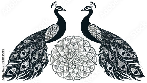 Majestic black peacocks with intricate mandala design