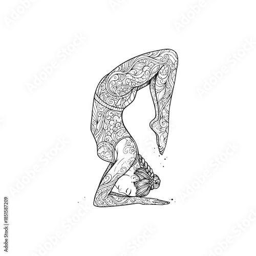 Yoga athlete stretching his body. Black white vector illustration.