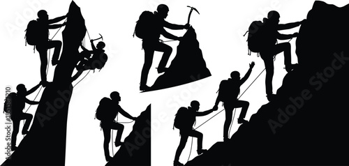 Silhouette, mountain climbers, extreme sport, teamwork, adventure, alpine ascent, rugged terrain, outdoor challenge, rope climbing, ice axe, mountaineering, determination, vertical cliff,  