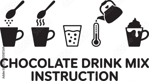 Set of silhouette icons. Instructions for preparing cocoa with milk. Directions for making a chocolate drink mix. Includes a cup, a drop, dry powder, a spoon, a thermometer, and a hot jet of steam