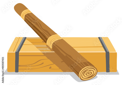 Wooden log or rolled mat resting diagonally on a sturdy wooden shipping crate illustration
