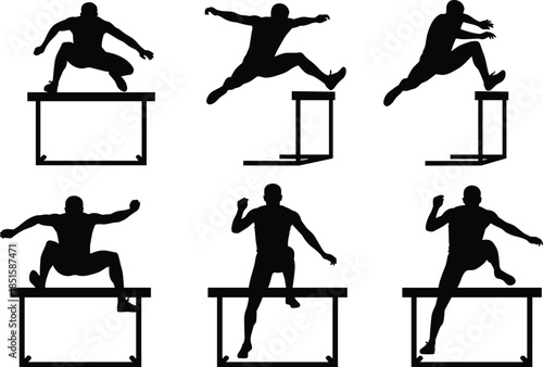 Vector Silhouette Collection of Athletes in Various Poses Running and Jumping Over Hurdles, Representing Athletics, Training, and Overcoming Obstacles.