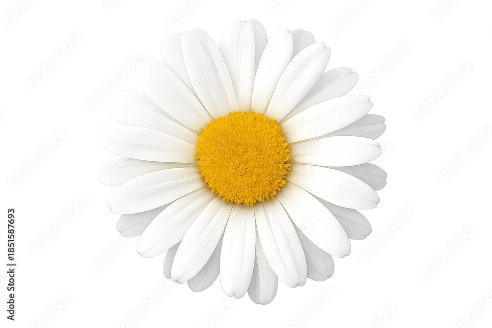 Fototapeta premium Daisy flower with white petals and yellow center blooming, symbolizing purity, innocence, and spring on transparent background