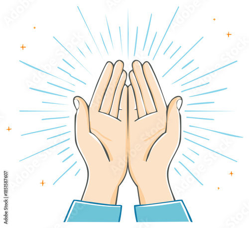 Cartoon hands in prayer pose with light rays, praying, worship, illustration.