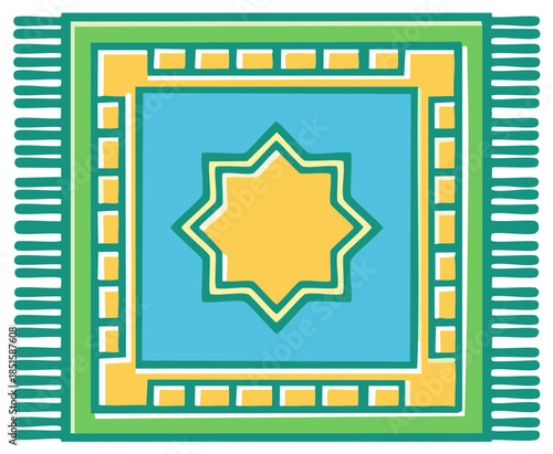 Traditional Islamic prayer rug with central star pattern and fringe border colorful flat illustration