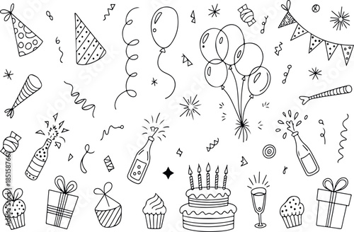 Hand-Drawn Birthday Party Doodle Elements. Celebration Party Doodles Set with Balloons Cake and Gifts. Hand Sketched Party Icons Set for Birthday and Celebration. Festive Celebration Doodle Icons Set 