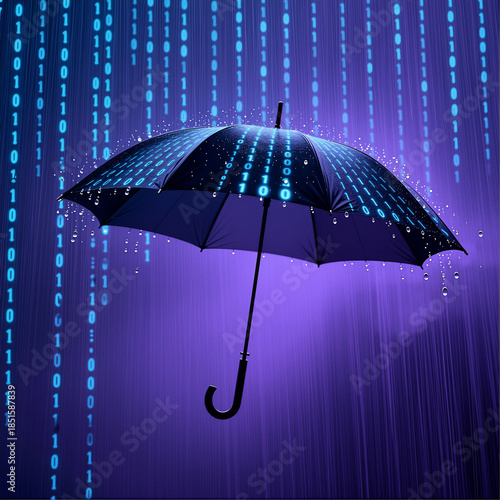 Digital Rain & Umbrella: Binary Code Falling Through Futuristic Purple Sky, Illuminated by Glowing 1s and 0s — Cybernetic Weather Scene.