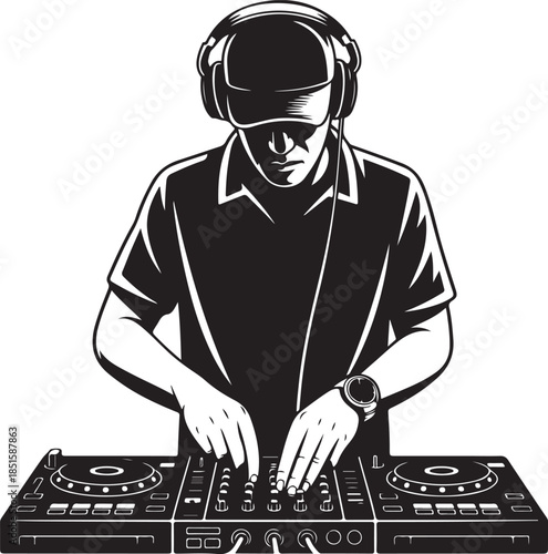 Silhouette of DJ mixing music on turntables. Clipart image isolated on background
