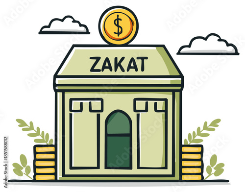 Zakat donation center concept with coins and building illustration
