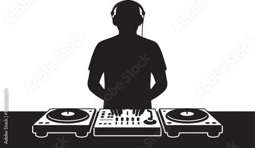 Silhouette of dj with headphones at turntables mixing music in a dark room with a white background