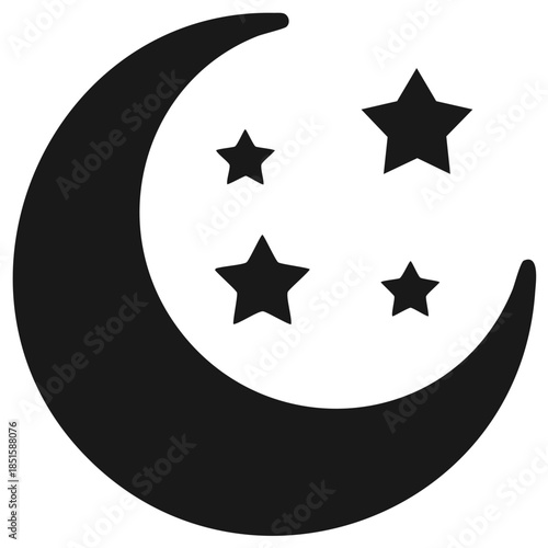 Elegant black crescent moon and stars celestial icon representing night, dreams, and cosmic wonder