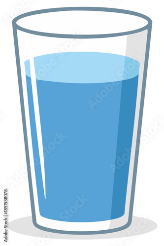 Simple cartoon style illustration of a transparent drinking glass full of refreshing blue water graphic