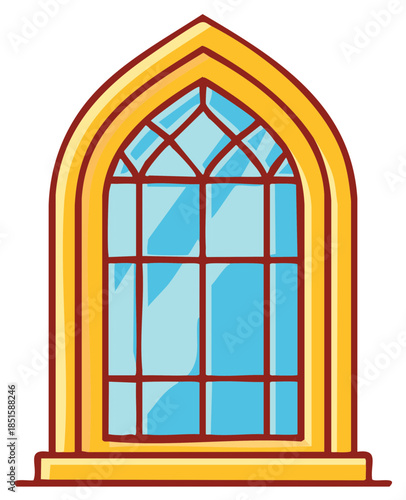 Golden framed Gothic arched window with blue glass panes cartoon illustration