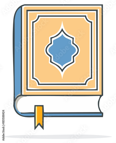 Islamic holy book vector illustration with decorative cover and bookmark depicting religious concepts