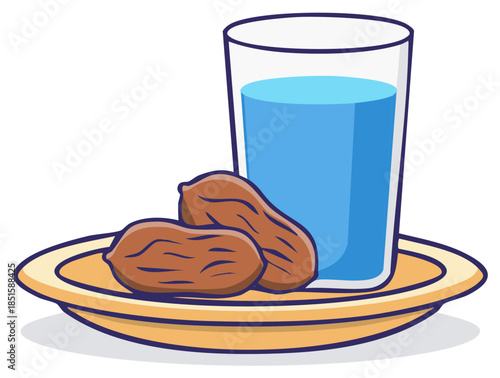 Traditional Ramadan iftar meal of dates fruit and water cartoon illustration