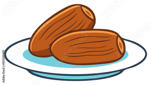 Two dates on a decorative plate, cartoon illustration for healthy eating, food concept.