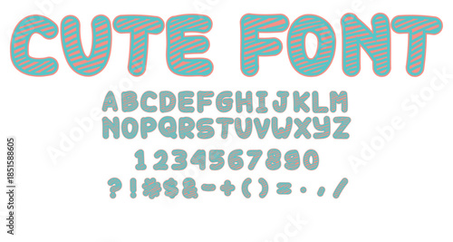 Cute font doodle drawing style capital letters, numbers, punctuation. for fun print or vlog design. Kids or teenager scrapbook style