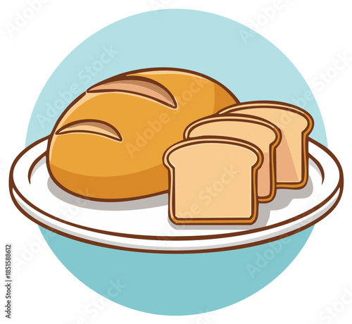 Freshly baked loaf of bread with several slices served on a white plate vector illustration
