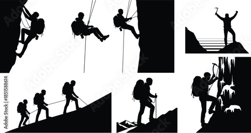 Silhouette, mountain climbers, rappelling, summit pose, teamwork, adventure, rope climbing, alpine ascent, hiking gear, 
