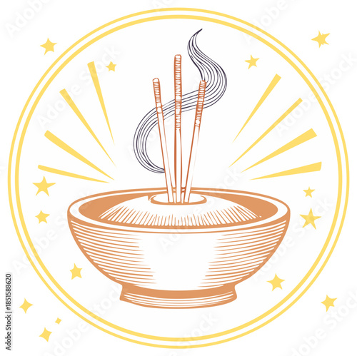 Aromatic incense sticks lit in a bowl with smoke surrounded by stars and light