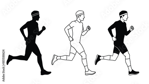 Three stylized figures of a person running in profile view, one solid black silhouette, one outline, and one with simple shading.