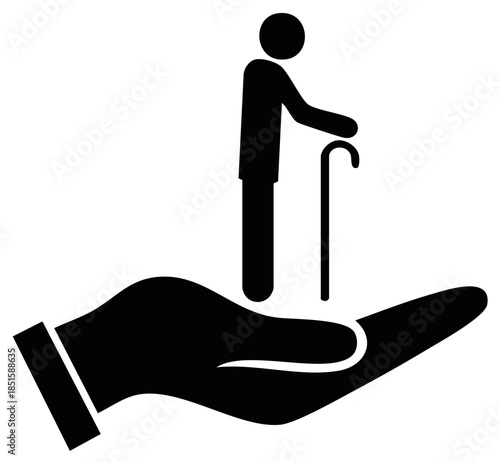 Iconic representation of a senior person with a cane supported by a caring hand, symbolizing assistance and protection