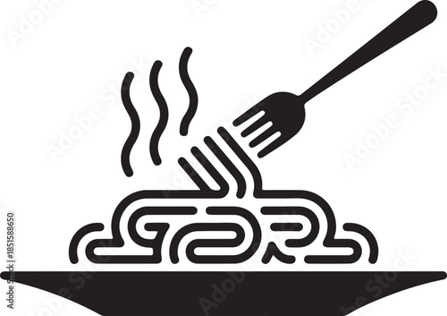 Simple black and white icon of steaming spaghetti on a plate with a fork