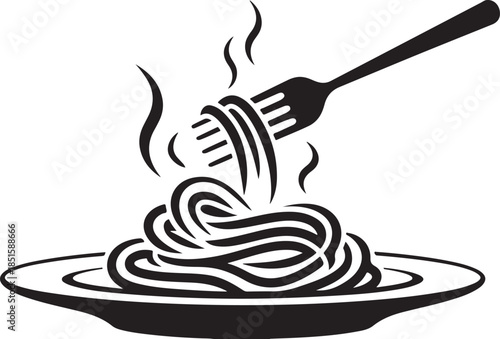 Simple black and white icon of steaming spaghetti on a plate with a fork