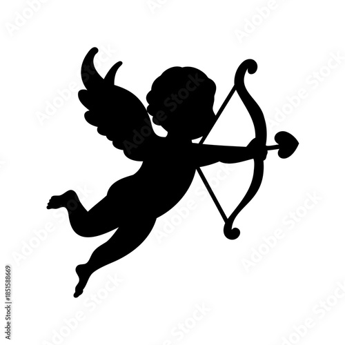 Silhouette of Cupid with Bow and Arrow of Love, Vector Illustration
