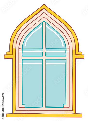 Simple Arched Window Cartoon Illustration with Yellow Frame and Blue Glass Panes