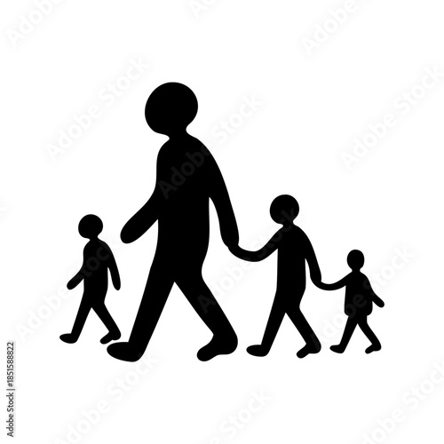 A parent and three children walk together, holding hands, in silhouette
