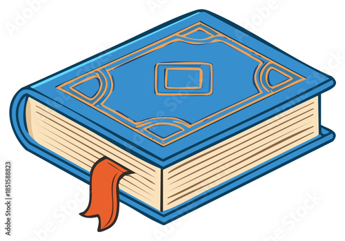 Closed blue book with ornate golden cover design and red bookmark illustration