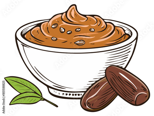 Delicious date paste in a bowl with whole dates and fresh leaves illustration