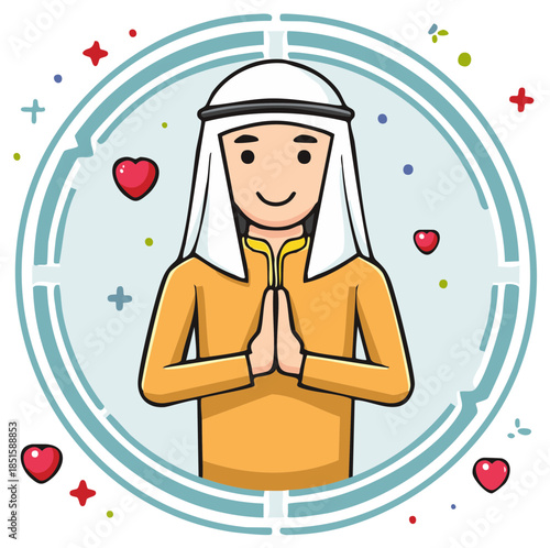 Cheerful Arabian man in traditional thobe and ghutra offering a respectful welcome or greeting