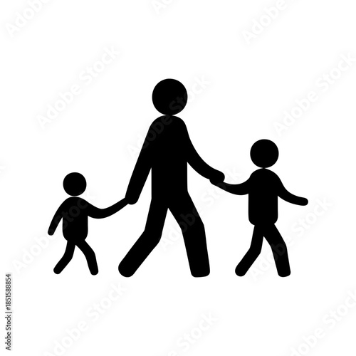 A Black Pictogram Representing an Adult Walking With Two Children Holding Hands