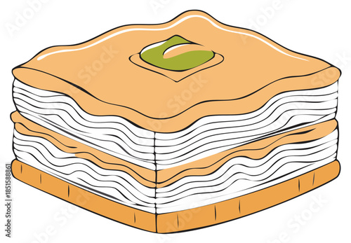 Delicious traditional Mediterranean baklava dessert illustration, sweet pastry with syrup and pistachio