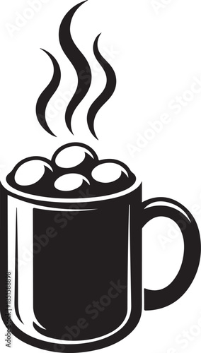 Steaming hot chocolate icon with marshmallows in black mug
